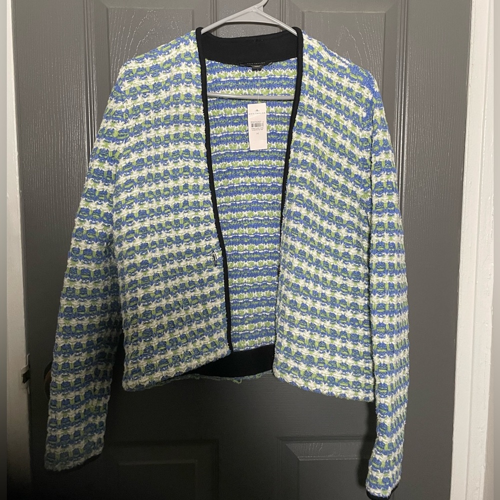 NWT Ann Taylor Blue and Green Tweed Cardigan / Crop Jacket Medium